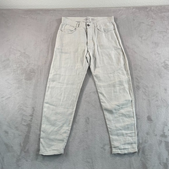 Alex Crane Cham Pants Men 30x28 Tan Bone 100% Linen Regular Straight Button Fly